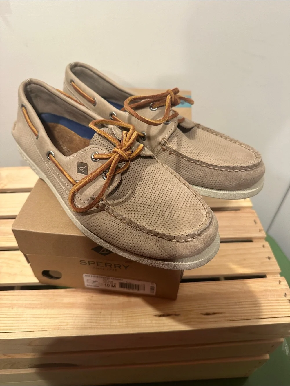 Sperry Men’s Light Taupe Cement Perforated Canvas Boat Shoes - Size 10